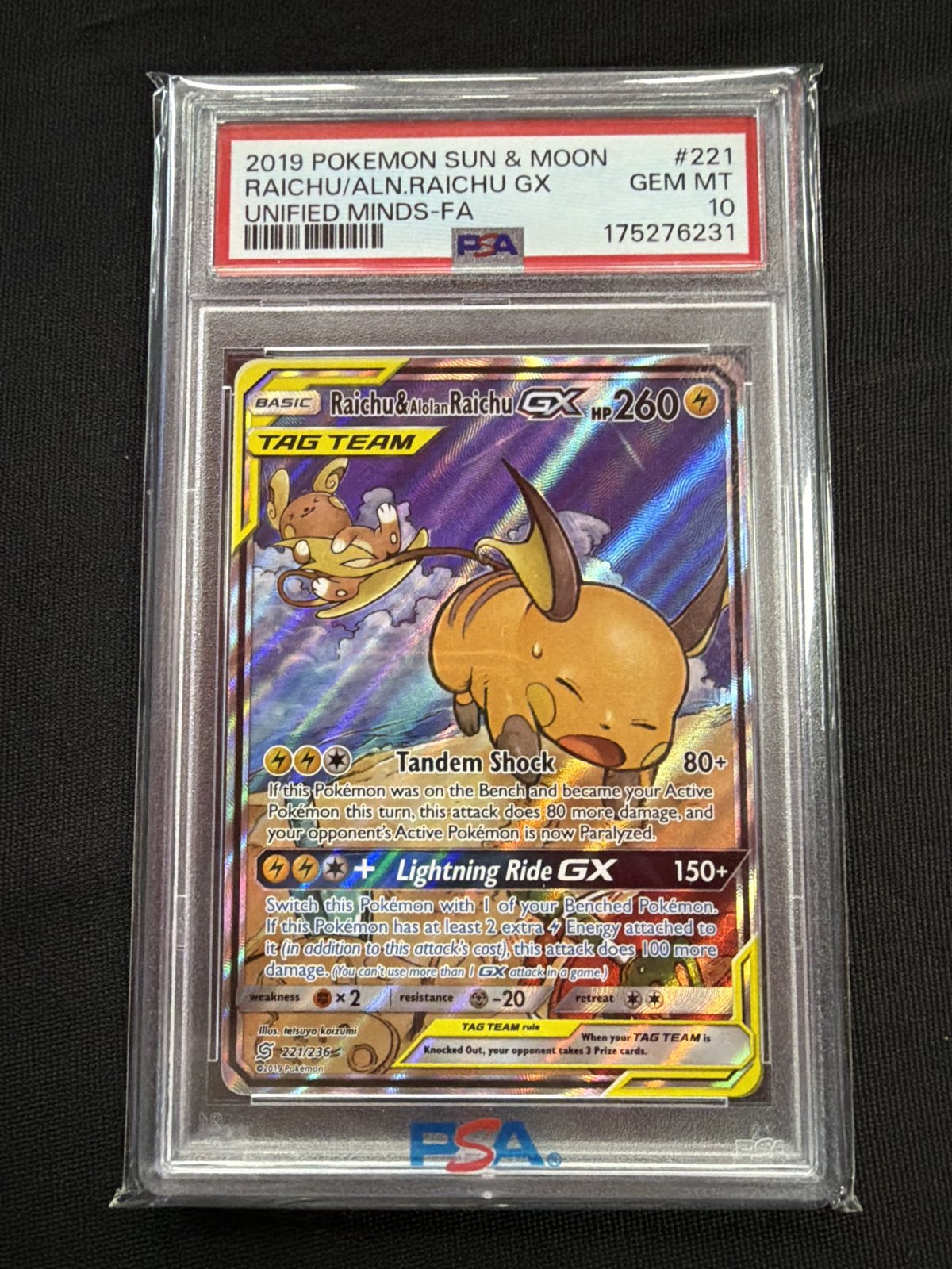 PSA 10 2019 Pokemon Sun and Moon Raichu and Alolan Raichu GX Unified Minds